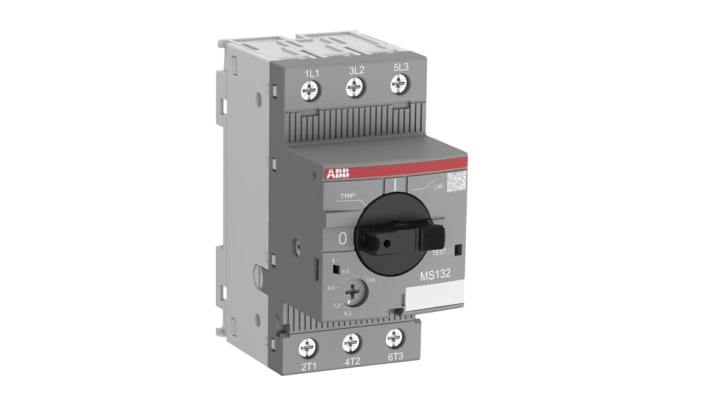 Interruttore automatico ABB 1SAM350000R1010 MS132-10, 10 A, 690 V, montaggio su guida DIN, dimensioni 90x45x81,25 mm.