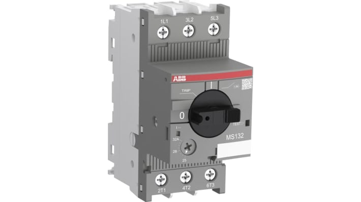 Interruttore automatico motore ABB 1SAM350000R1013 MS132-20, montaggio su guida DIN, 16-20 A, 3 poli, dimensioni 97,8 x 45 x 81,05 mm.