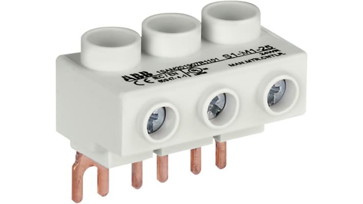 Coperchio barra di distribuzione trifase ABB, compatibile con contattori AF, corrente 65 A, dimensioni 38 x 44 x 22,5 mm, grado di protezione IP20.