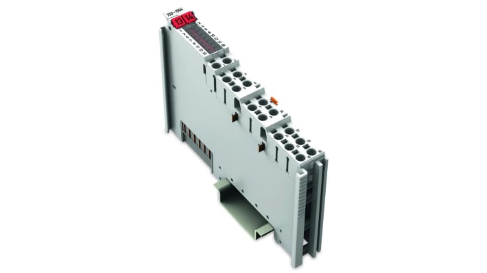 Modulo I/O Wago 750-1504, 16 uscite digitali, alimentazione 24 V c.c., montaggio su guida DIN, dimensioni 69 x 12 x 100 mm.