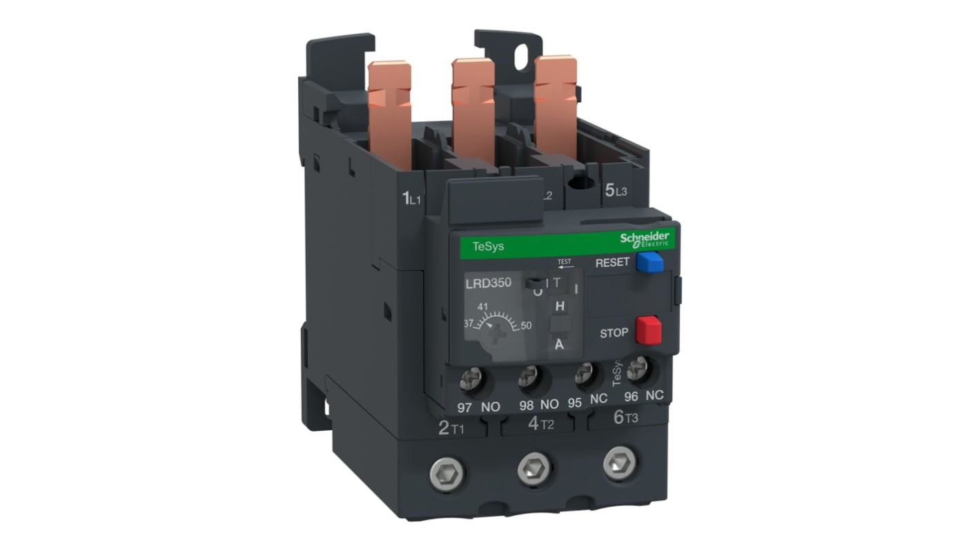 Relè di sovraccarico termico LRD350 Schneider Electric, 37-50 A, 1 NO + 1 NC, per protezione motore industriale. Compatto e affidabile.