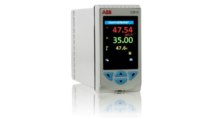 Controllore di processo ABB CM10/000S0E0/STD, alimentazione 100-240 V, montaggio su guida DIN, dimensioni 97 x 50 mm.