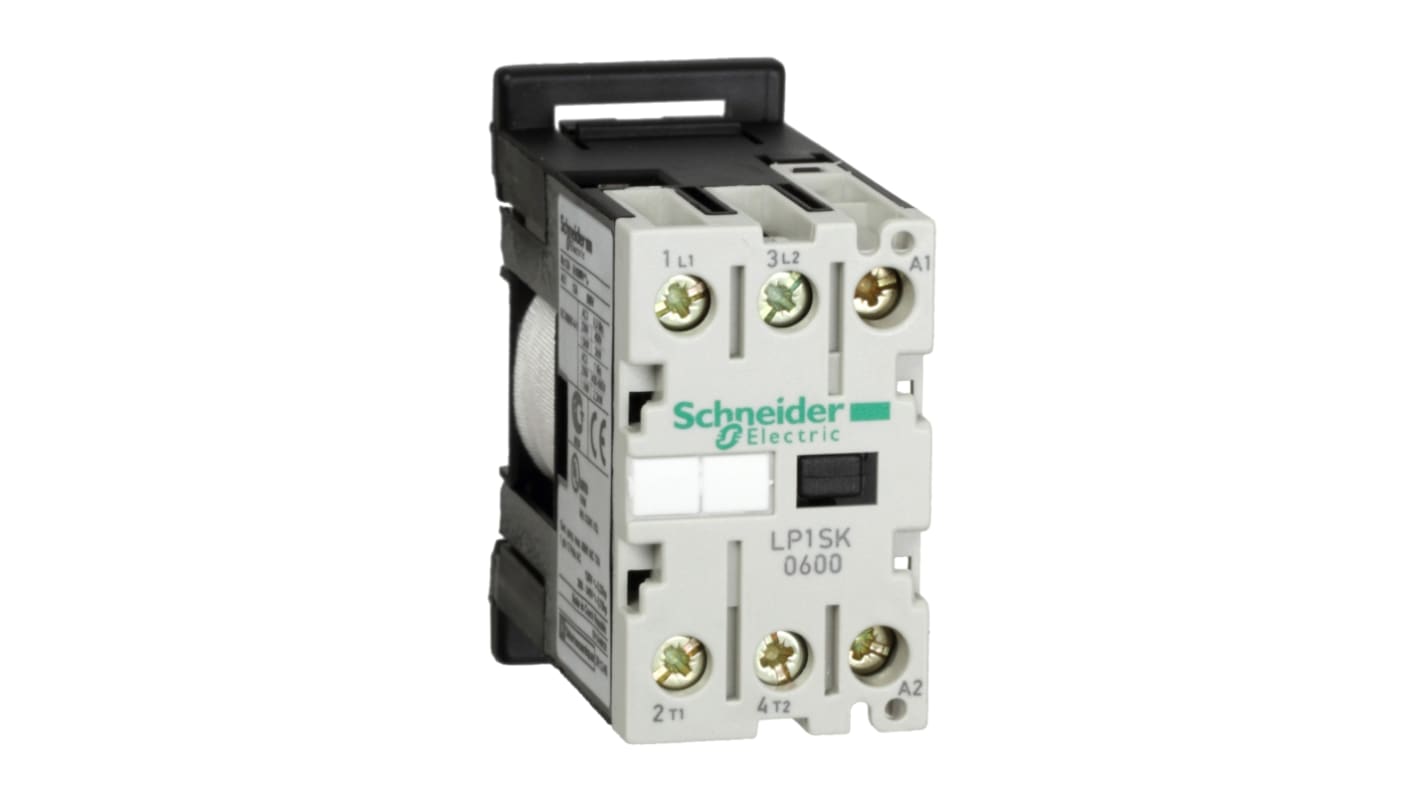 Contattore Schneider Electric LP1SK0600JD, 2 poli, 12 A, bobina 12 V c.c., montaggio su guida DIN, dimensioni 56 x 27 x 55.5 mm.