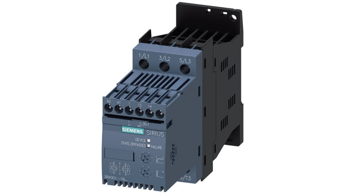 Avviatore soft-start Siemens 3RW3013-1BB14, 3 fasi, 1,5 kW, montaggio su guida DIN, dimensioni 45 x 95 x 150 mm.