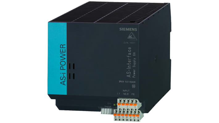 Alimentatore PLC Siemens 3RX9503-0BA00, 30 V CC, 8 A, montaggio su guida DIN, dimensioni 125 x 120 x 125 mm.