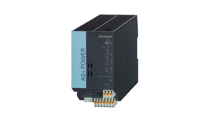 Alimentatore PLC Siemens 3RX9502-0BA00, 5 A, 120-230 V, dimensioni 125 x 70 x 125 mm, grado di protezione IP20.