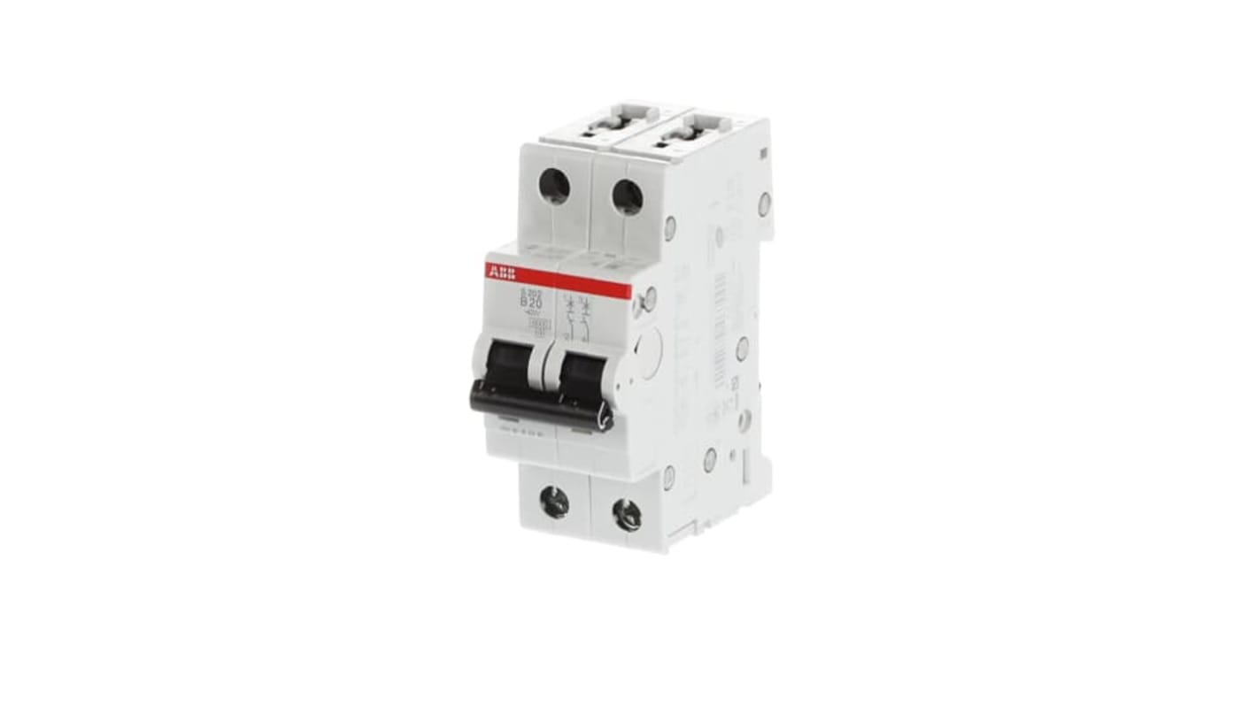 Interruttore magnetotermico ABB Tipo B, 2 poli, 20A, montaggio su guida DIN, dimensioni 88x35x69 mm, grado di protezione IP20.