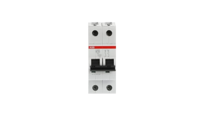 Interruttore magnetotermico ABB Tipo B, 2 poli, 20A, montaggio su guida DIN, dimensioni 88x35x69 mm, grado di protezione IP20.