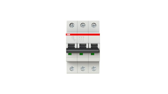 Interruttore magnetotermico ABB S203-B16, 3 poli, 16A, 400V, montaggio su guida DIN, dimensioni 53x88x69mm.