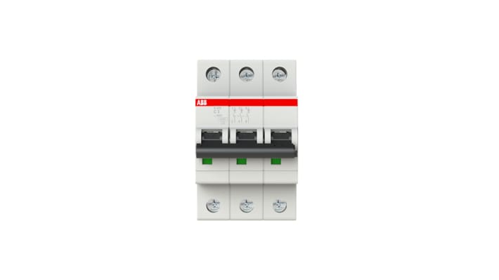 Interruttore magnetotermico ABB S203-C3, 3 poli, 3 A, montaggio su guida DIN, 6 kA, dimensioni 88x53x69 mm.