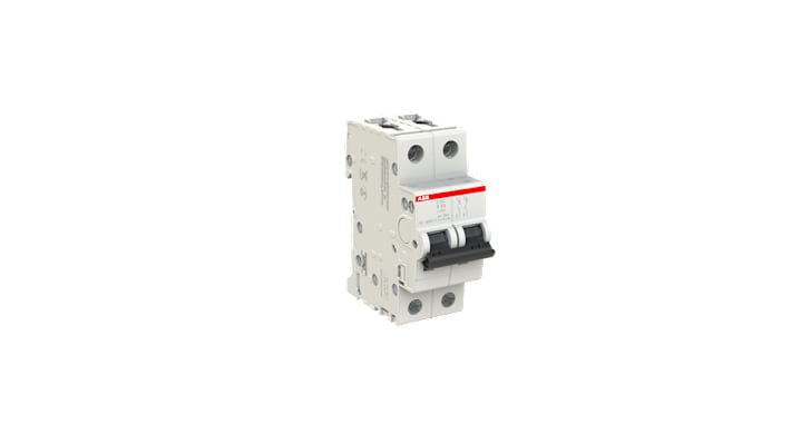 Interruttore magnetotermico ABB Tipo K, 2 poli, 8 A, montaggio su guida DIN, dimensioni 69 x 35 x 88 mm, grado di protezione IP20.