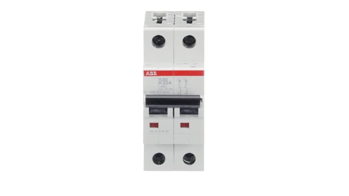 Interruttore magnetotermico ABB Tipo K, 2P 20A, montaggio su guida DIN, dimensioni 69 x 35 x 88 mm, grado di protezione IP40.
