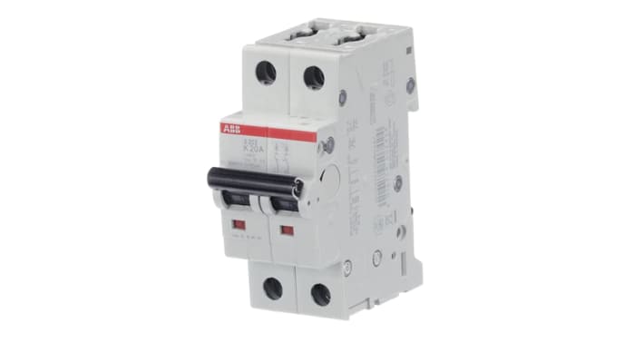 Interruttore magnetotermico ABB Tipo K, 2P 20A, montaggio su guida DIN, dimensioni 69 x 35 x 88 mm, grado di protezione IP40.