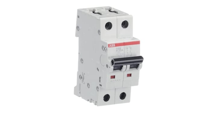 Interruttore magnetotermico ABB Tipo K, 2P 20A, montaggio su guida DIN, dimensioni 69 x 35 x 88 mm, grado di protezione IP40.
