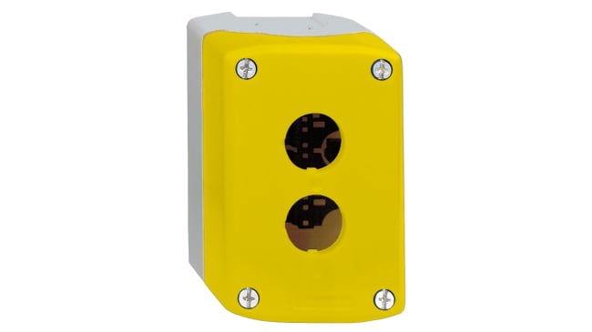 Scatola per pulsante Schneider Electric XALK02, 2 fori, diametro 22 mm, colore giallo, protezione IP66/IP67/IP69K, resistente agli urti.