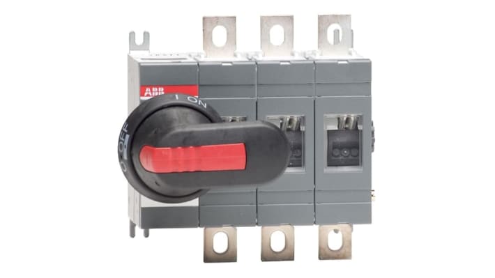 Interruttore di isolamento ABB OT160EV03P, 3 poli, 200A, 1000V, montaggio su base, grado di protezione IP65, dimensioni 145,5x100x66mm.