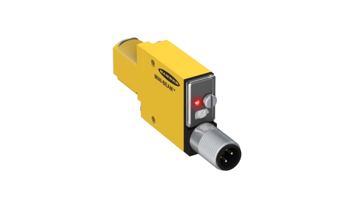Sensore a fibra ottica Banner SM312FQD, NPN-PNP, IP67, 10-30 V c.c., 380 mm di rilevamento, dimensioni 30,7 x 12,2 x 72,1 mm.