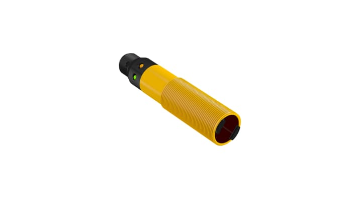 Sensore fotoelettrico cilindrico Banner S18SP6FF100Q, rilevamento diffuso, IP69K, uscita PNP, 0-100 mm, -40/+70 °C.