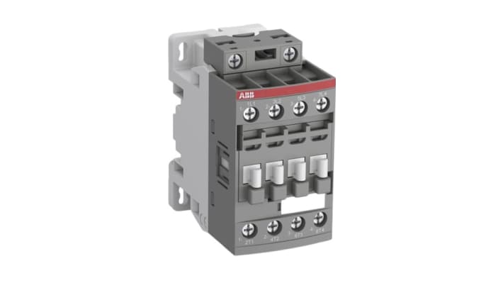 Contattore ABB 1SBL137201R1100 AF09-40-00-11, 4 poli, 25 A, bobina 24 V, montaggio su guida DIN, dimensioni 86x45x77 mm.
