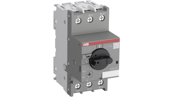 Interruttore automatico motore ABB 1SAM250000R1013 MS116-20, 3 poli, 16-20 A, dimensioni 85,4 x 45 x 97,8 mm, grado di protezione IP20.