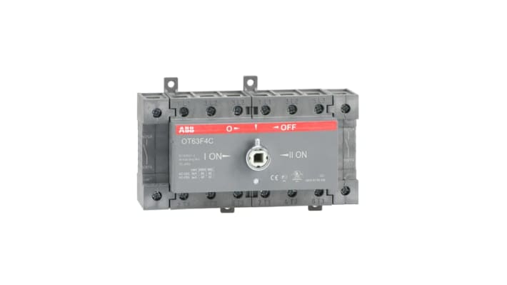 Interruttore sezionatore ABB OT63F4C, manuale, 4 poli, 63A, montaggio su guida DIN, dimensioni 140x92x85 mm, protezione IP20.