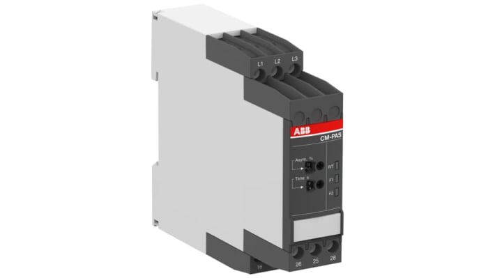 Relè di monitoraggio fase ABB CM-PAS, DPDT, tensione 300-500 V CA, montaggio su guida DIN, dimensioni 103.7 x 22.5 x 85.6 mm.