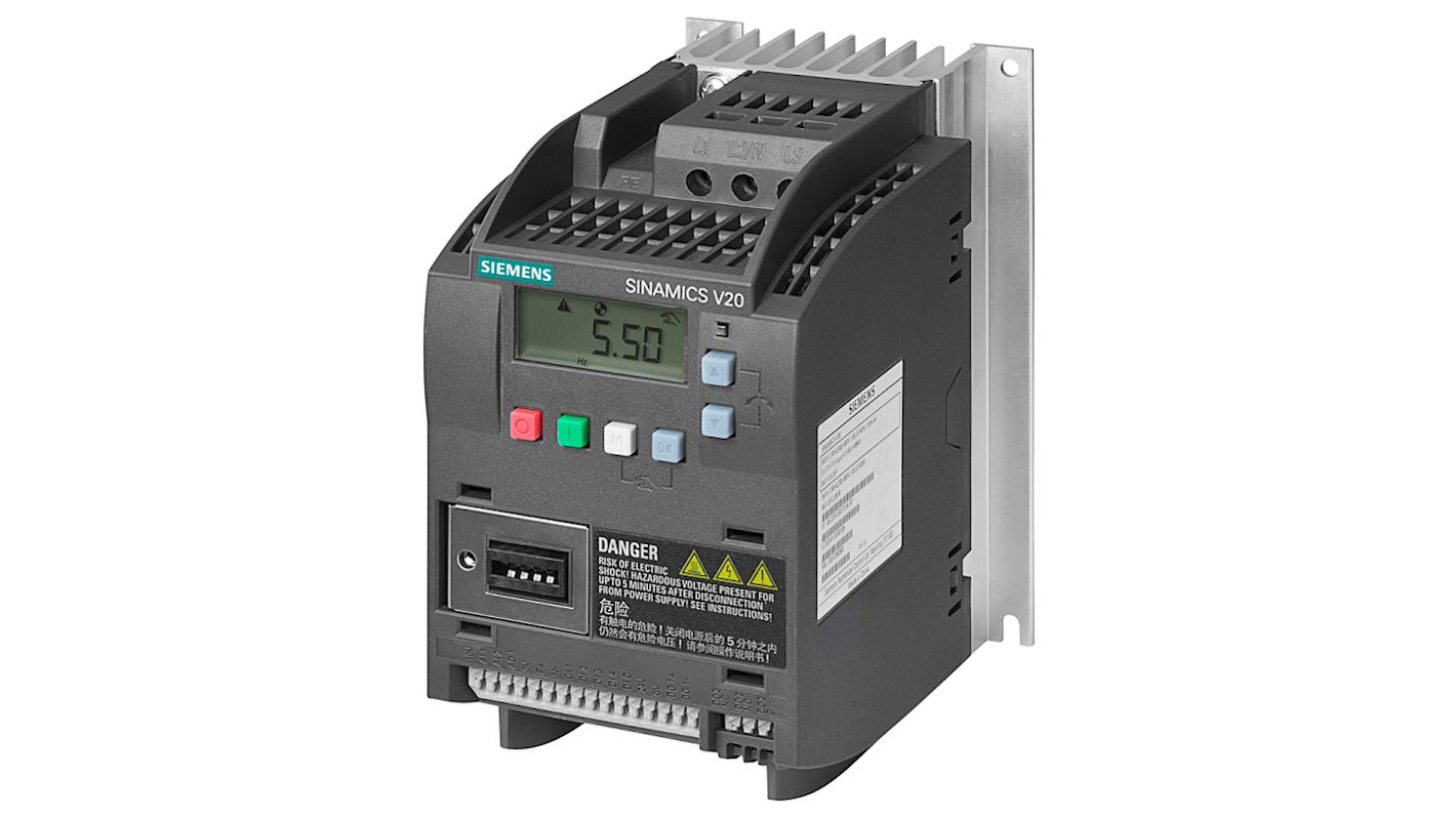 Inverter trifase Siemens 6SL3210-5BE15-5UV0, 0,55 kW, 380-480 V c.a. Ideale per pompe, ventilatori e compressori. Comunicazione Modbus, design compatto.
