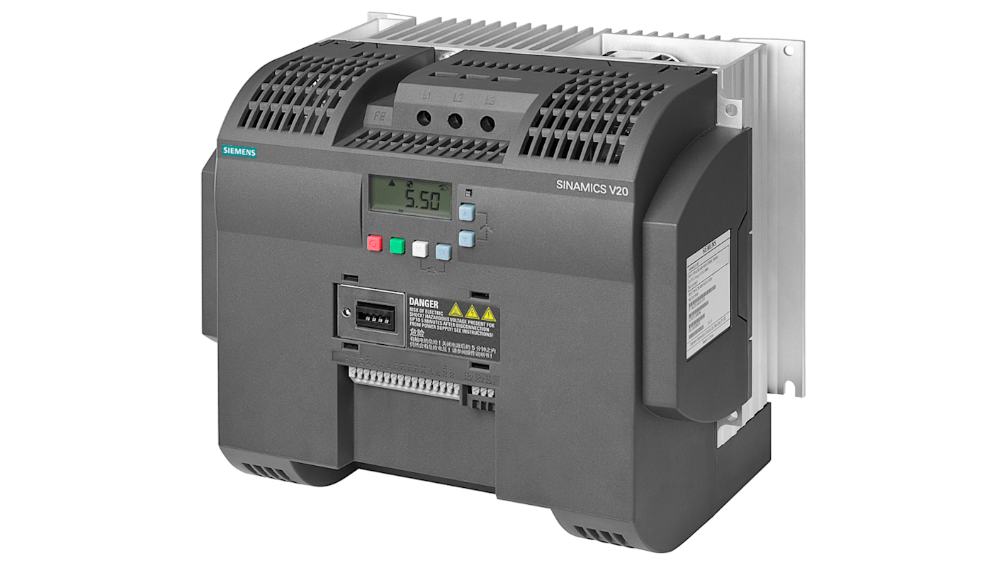 Inverter Siemens 6SL3210-5BE27-5UV0, 7,5 kW, 3 fasi, montaggio a parete, dimensioni 240x207x173 mm, comunicazione Modbus.