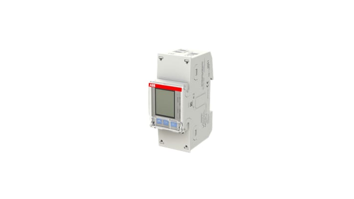 Contatore di energia monofase ABB 2CMA100149R1000, montaggio su guida DIN, display LCD, corrente massima 65 A, dimensioni 97 x 35 x 65 mm.