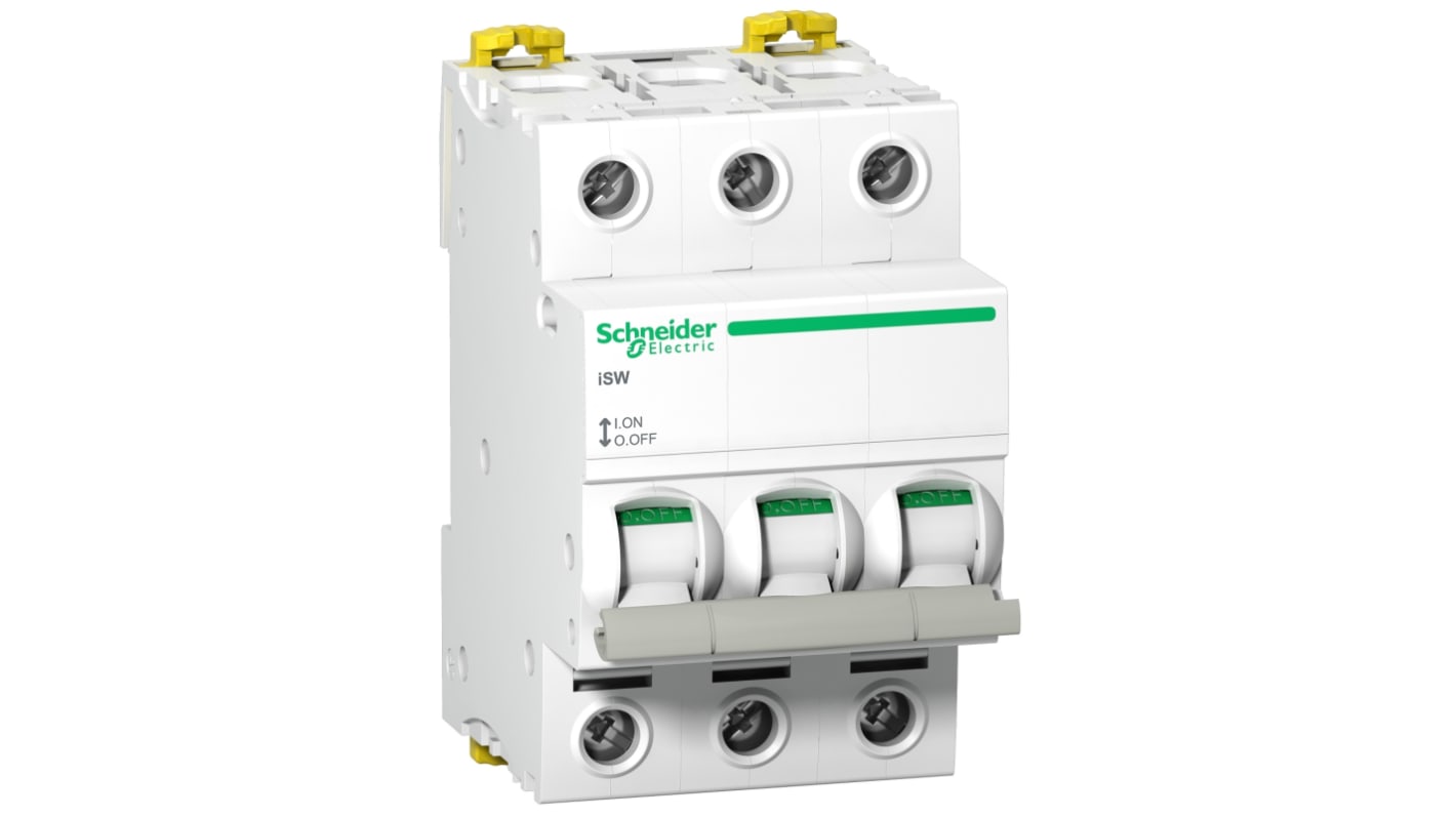 Interruttore di isolamento Schneider Electric A9S65391, 3 poli, 100A, montaggio su guida DIN, dimensioni 54mm x 82mm x 70mm.
