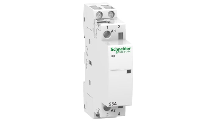 Contattore Schneider Electric iCT 2P 2NO 25A 230V - A9C20732 per motori, illuminazione e HVAC. Bobina 230V, facile installazione su guida DIN.