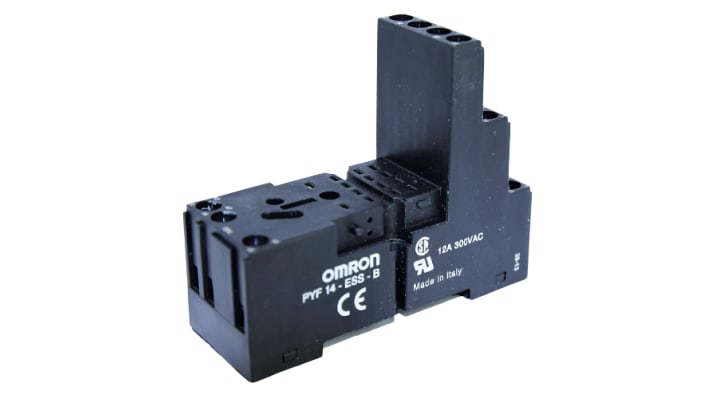 Omron PYF14ESSB, zoccolo per relè MY2 e MY4, guida DIN, 250 V, 12 A, dimensioni 83 x 27 x 61 mm, peso 66 g.