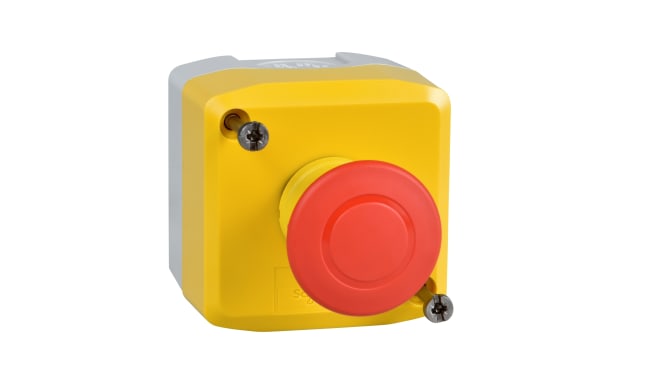 Pulsante di arresto di emergenza Schneider Electric XALK198, giallo con testa rossa, montaggio superficiale, IP66/IP67/IP69K.