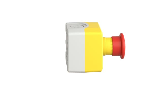 Pulsante di arresto di emergenza Schneider Electric XALK198, giallo con testa rossa, montaggio superficiale, IP66/IP67/IP69K.