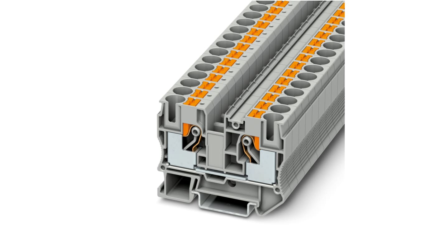 Morsettiera passante serie PT 10 Phoenix Contact 3212120, 20-6 AWG, 57A. Design compatto per cablaggio facile in spazi ristretti, ideale per applicazioni ferroviarie.