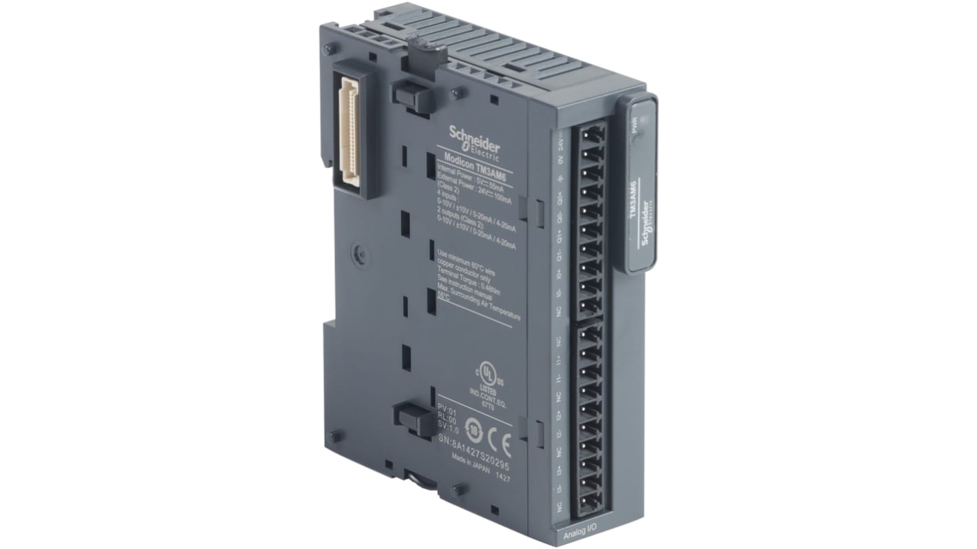 Modulo I/O Schneider Electric TM3AM6 per automazione, 4 ingressi e 2 uscite analogiche, dimensioni 90 x 23,6 x 70 mm.