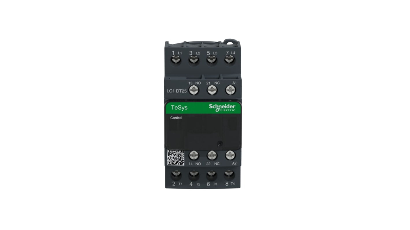 Contattore Schneider Electric LC1DT25G7, 4 poli, 25 A, montaggio su guida DIN, dimensioni 45x85x92 mm, grado di protezione IP20.