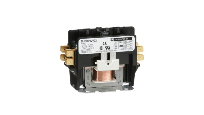 Contattore Schneider Electric 8910DP32V02, 2 poli, 30 A, 600 V, montaggio su DIN, dimensioni 50,8 x 58,7 x 62,2 mm.