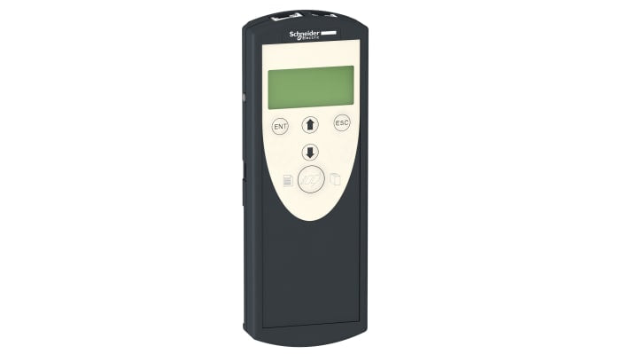 Downloader di configurazione Schneider Electric VW3A8121 per azionamenti ATV12, con display e pulsanti integrati.