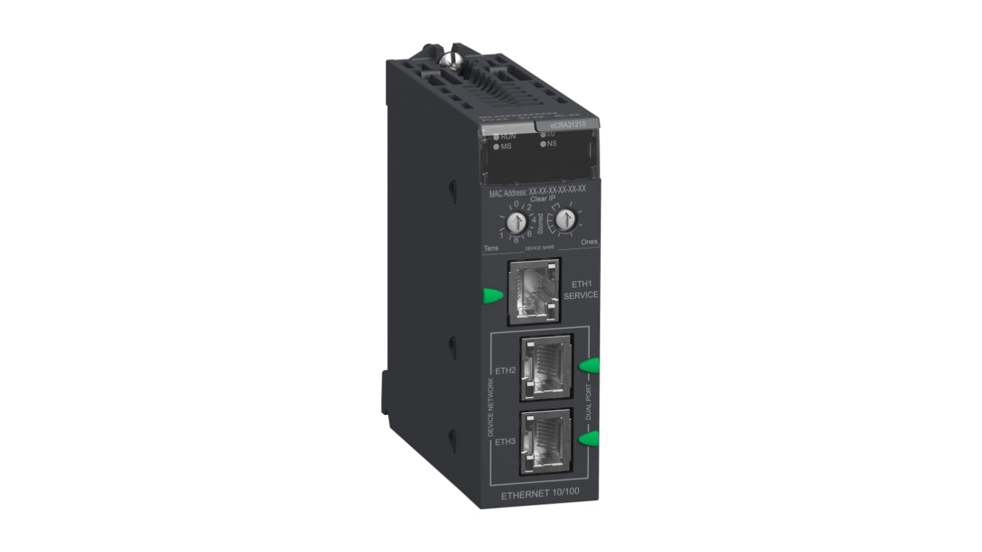Modulo di comunicazione Schneider Electric BMECRA31210 per Modicon M580, montaggio su rack, dimensioni 32 x 87,5 x 100 mm.