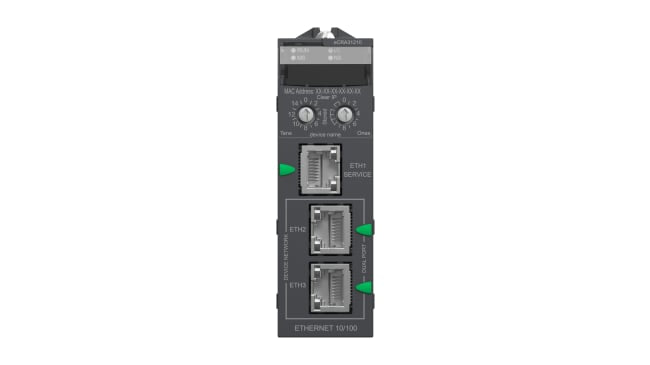 Modulo di comunicazione Schneider Electric BMECRA31210 per Modicon M580, montaggio su rack, dimensioni 32 x 87,5 x 100 mm.