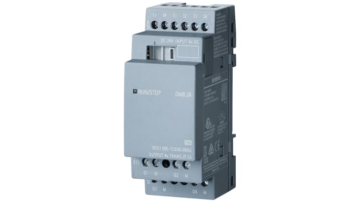Modulo I/O Siemens LOGO! 6ED1055-1CB00-0BA2: 4 ingressi/uscite 24V DIN, resistente alle vibrazioni, ideale per sistemi a bassa potenza.