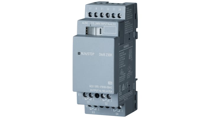 Modulo I/O Siemens LOGO! 4 ingressi digitali, 4 uscite relè per PLC. Montaggio su guida DIN, protezione IP20.
