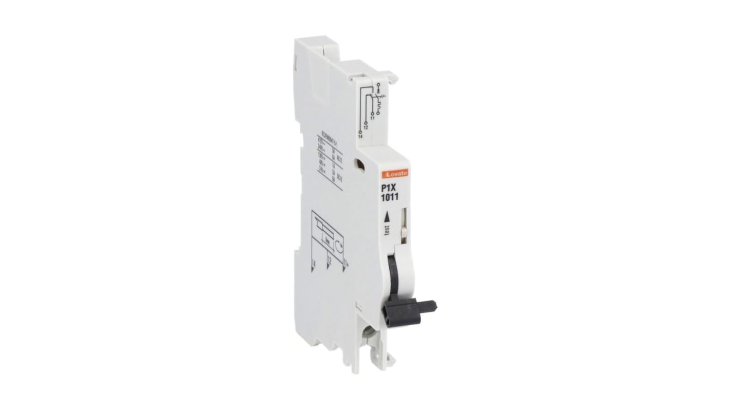 Modulo contatti Lovato P1X1011, 1CO, montaggio laterale, 6 A a 230 V, compatibile con interruttori automatici.