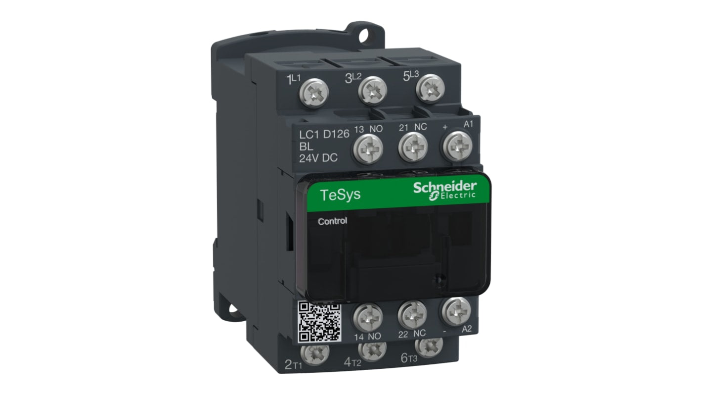 Contattore Schneider Electric LC1D126BL, 3 poli, 25 A, 24 V c.c., dimensioni 77 x 45 x 95 mm, resistente al fuoco.