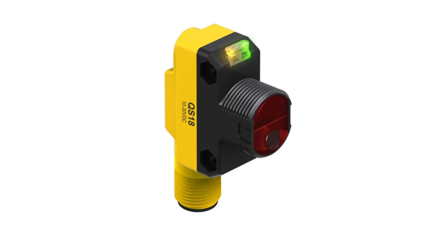 Sensore fotoelettrico cilindrico Banner QS18VP6LDQ8, rilevamento 300 mm, uscita PNP, IP67, alimentazione 10-30 V c.c.