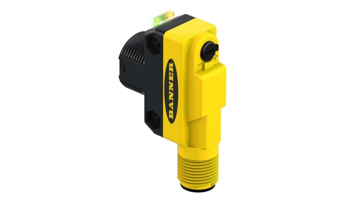 Sensore fotoelettrico cilindrico Banner QS18VP6LDQ8, rilevamento 300 mm, uscita PNP, IP67, alimentazione 10-30 V c.c.