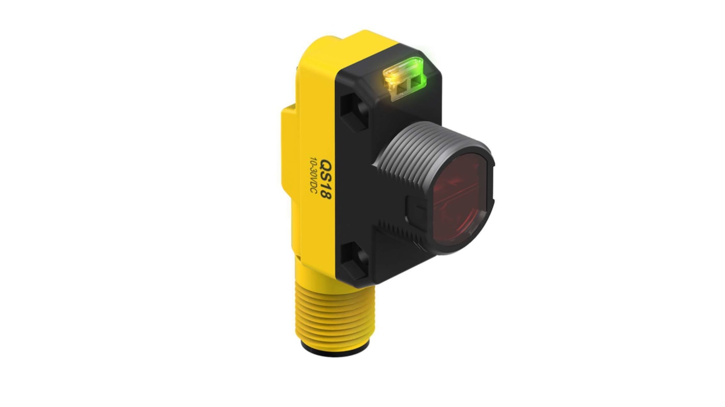 Sensore fotoelettrico cilindrico a retroriflessione Banner QS18VP6LLPQ8, rilevamento 100 mm a 10 m, IP67, connettore M12.