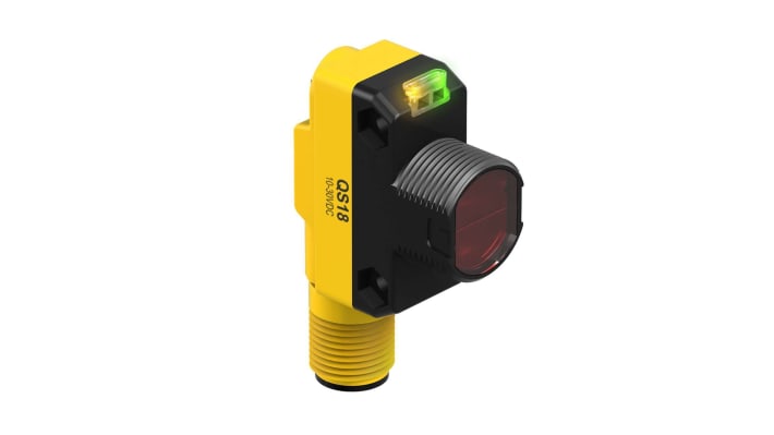 Sensore fotoelettrico cilindrico a retroriflessione Banner QS18VP6LVQ8, portata 6,5 m, uscita PNP, IP67.