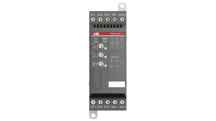 ABB 1SFA896104R1100, avviatore soft-start manuale 3 fasi, potenza 4 kW, corrente 6,8 A, montaggio su guida DIN, dimensioni 140 x 114 x 45 mm.